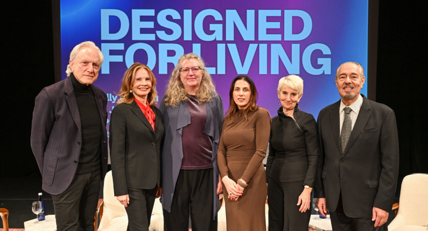 Pictured (L-R): Dakota Jackson, Juliana Curran Terian, Sally Augustin, Sarah Paul, Pratt President Frances Bronet, Marc Rosen at the Pratt Design Symposium, 11/18/2025 Photo by Andrew Werner
